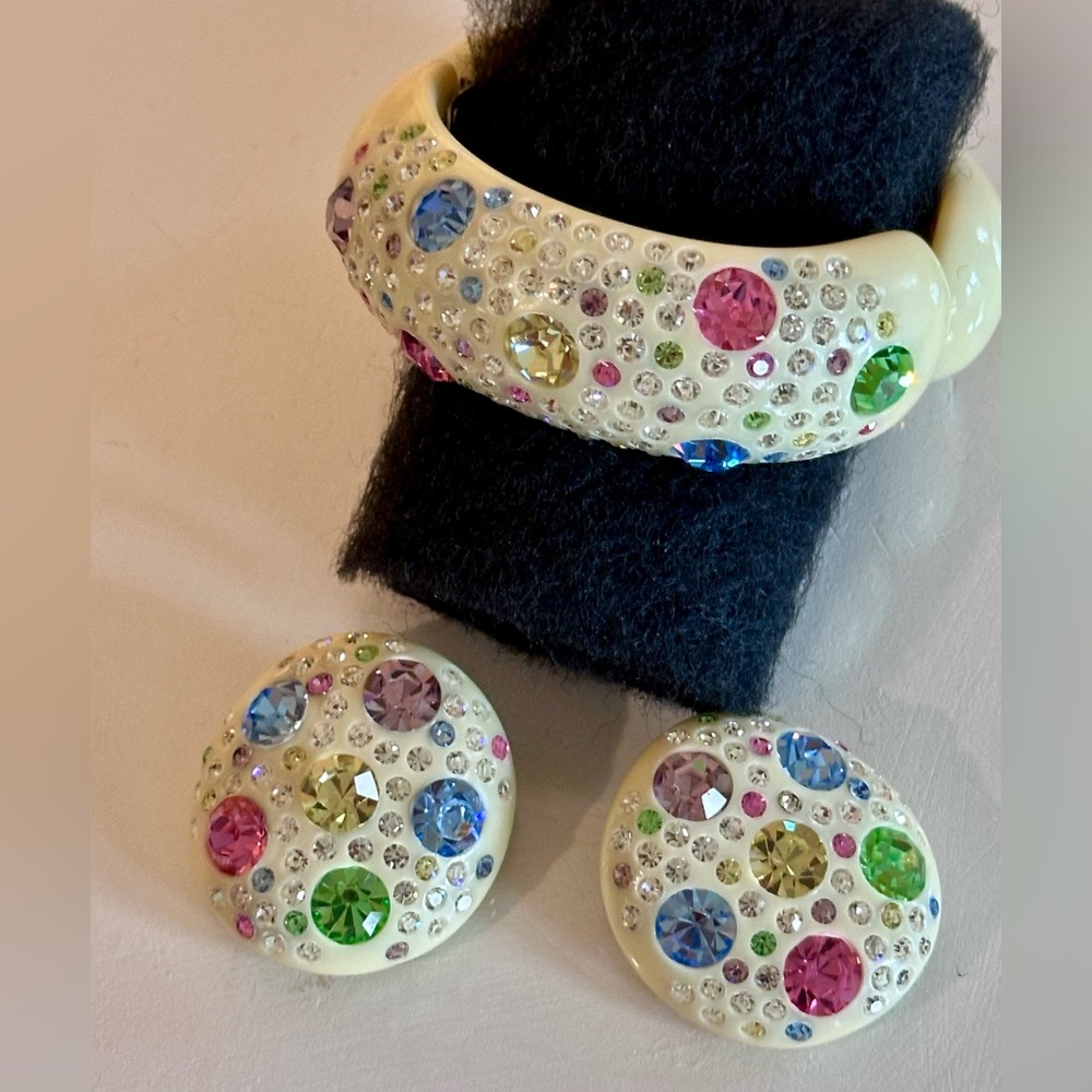 Vintage Weiss Gorgeous Ivory and Colorful Rhinestone Earrings and Clamp Bracelet